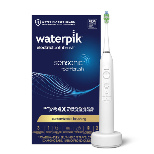 Waterpik Sensonic frontal mostrando diseño limpio y beneficio de limpieza profunda