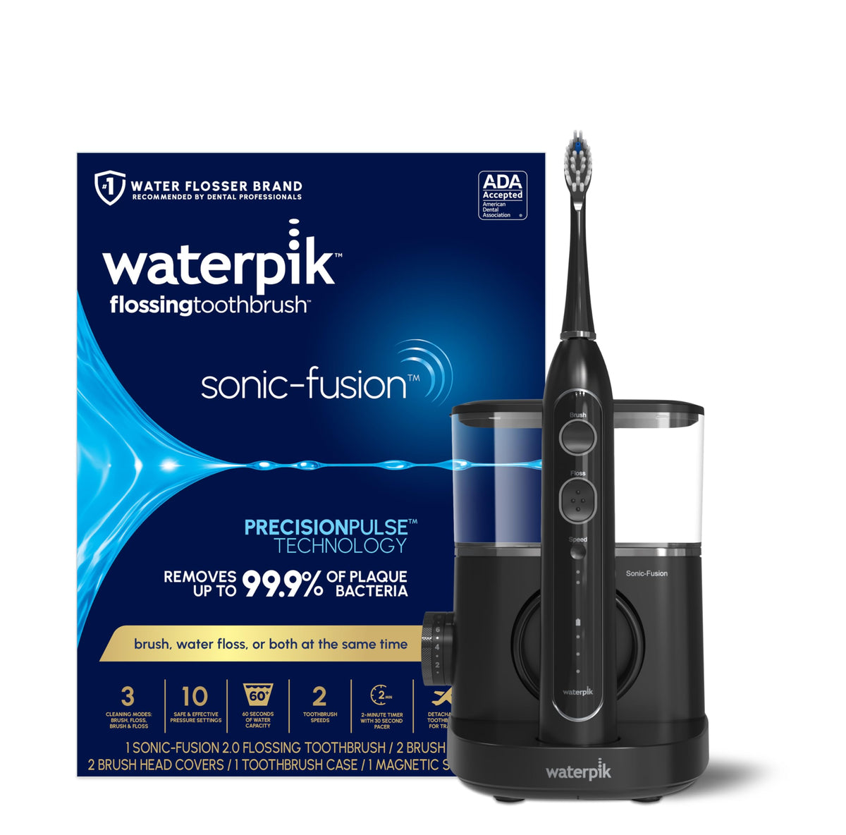 Waterpik Sonic-Fusion vista frontal negro mostrando dispositivo completo y beneficios de limpieza