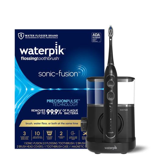 Waterpik Sonic-Fusion vista frontal negro mostrando dispositivo completo y beneficios de limpieza