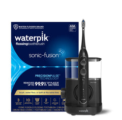 Waterpik Sonic-Fusion vista frontal negro mostrando dispositivo completo y beneficios de limpieza