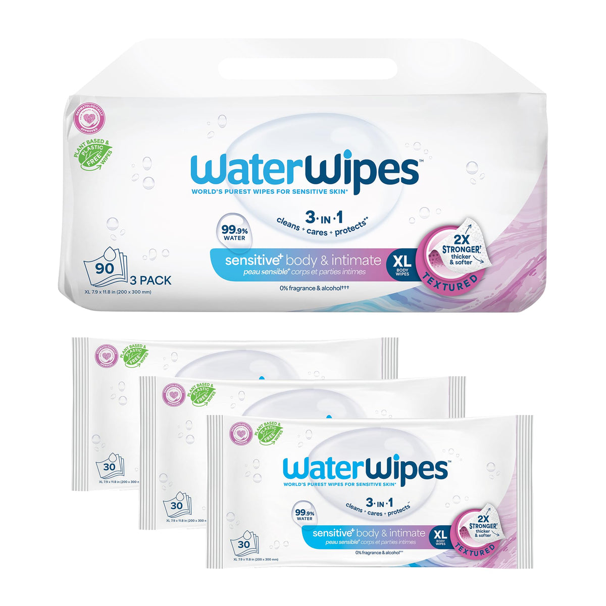 WaterWipes empaque frontal mostrando diseño y cantidad 90 unidades, limpieza confiable