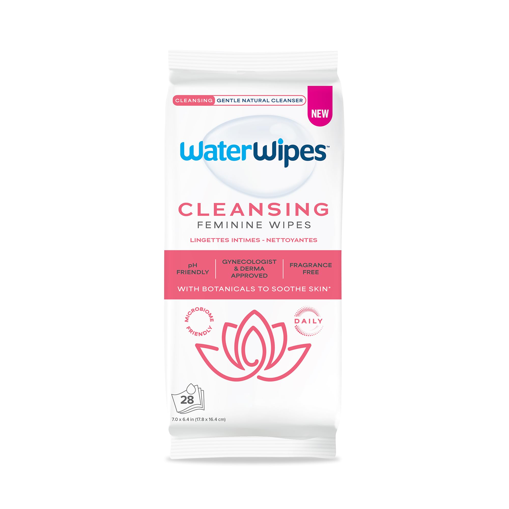 WaterWipes frente del paquete mostrando 28 toallitas y portabilidad