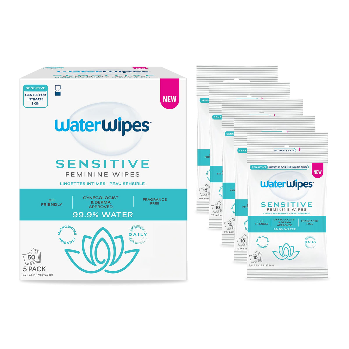 WaterWipes paquete frontal mostrando 10 toallitas, limpieza suave