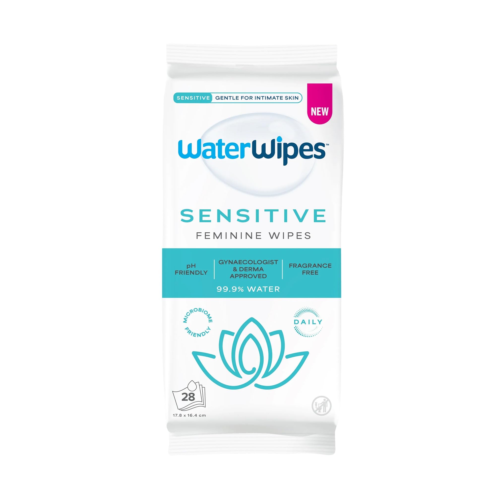 WaterWipes paquete frontal mostrando 28 toallitas y cierre resellable, limpieza práctica