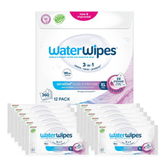 WaterWipes paquete frontal mostrando cantidad y diseño, ventaja de suministro prolongado
