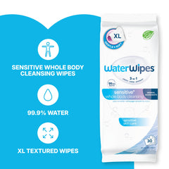 WaterWipes toallita desplegada demostrando tamaño XL y cobertura