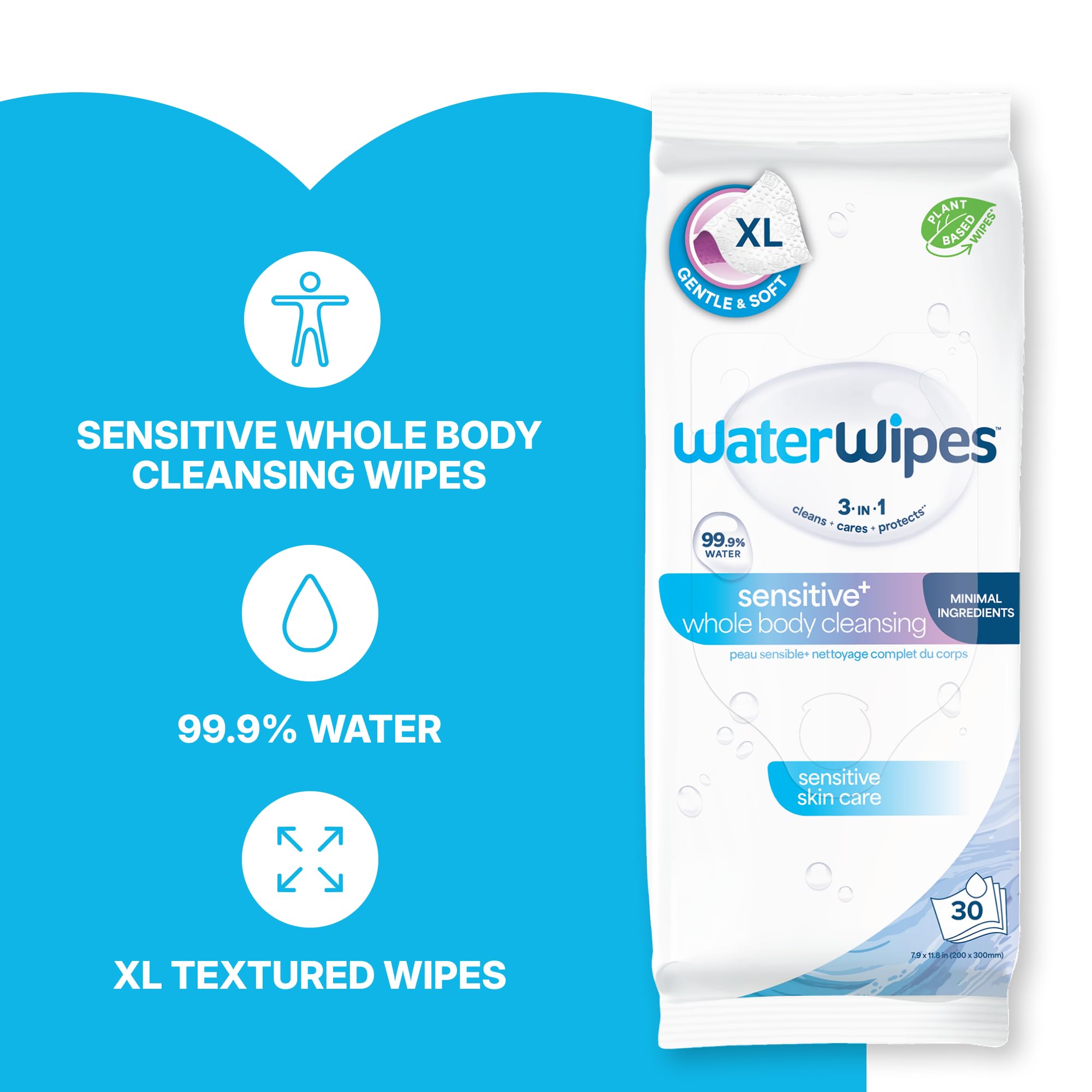 WaterWipes toallita XL junto a mano para comparar tamaño y cobertura mayor