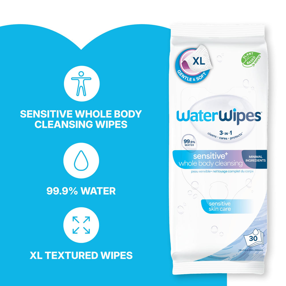 WaterWipes toallita XL junto a mano para comparar tamaño y cobertura mayor