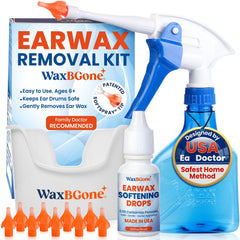 WaxBGone vista frontal del empaque y componentes para limpieza segura