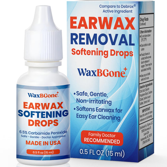 waxBgone frasco frontal 0.5 fl oz mostrando tamaño compacto y uso práctico