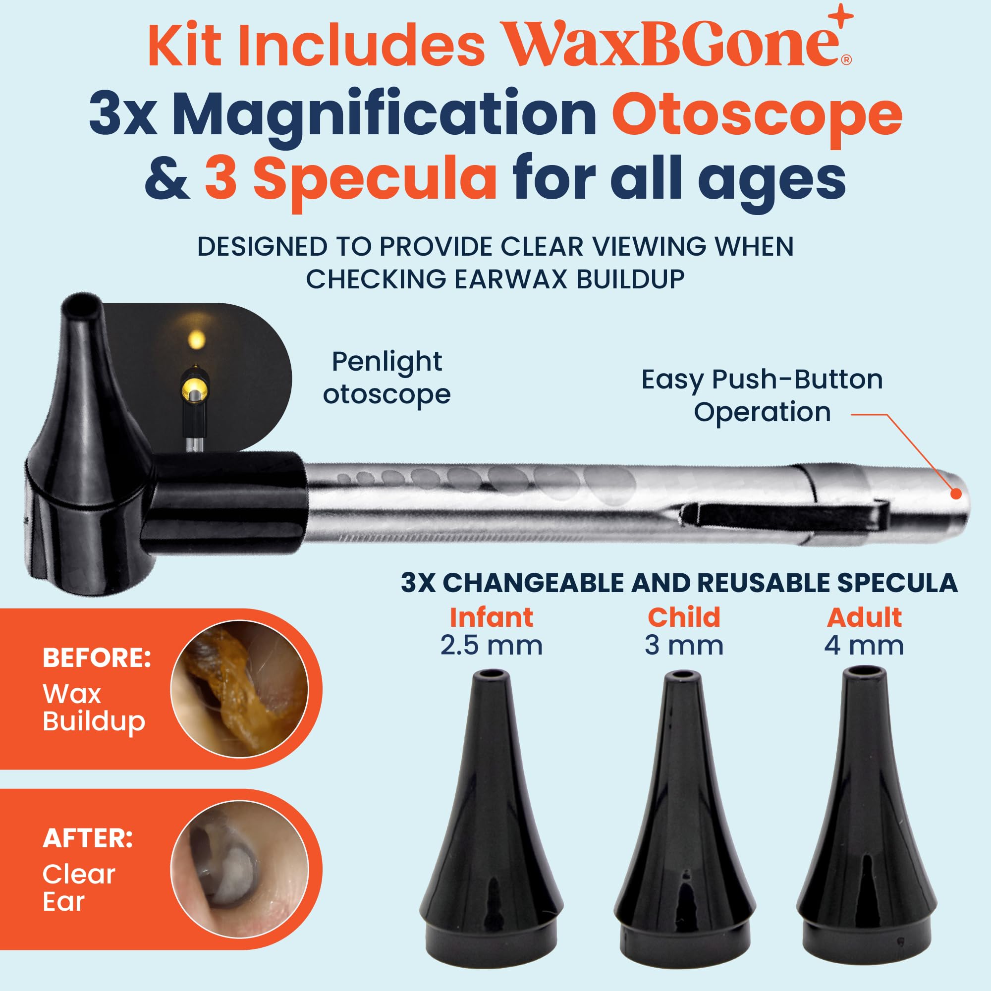 waxBgone gotas ablandadoras con etiqueta clara para preparación del oído