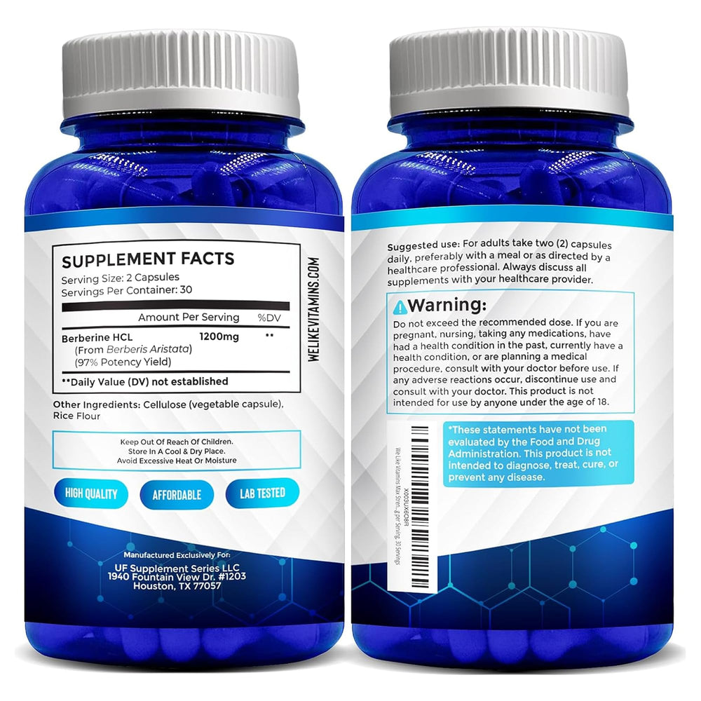 We Like Vitamins caja abierta con frasco y cápsulas listos para uso