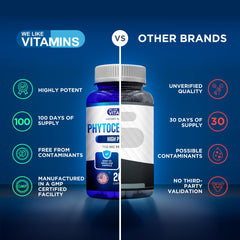 We Like Vitamins comparación de tamaño, demuestra 200 cápsulas por envase