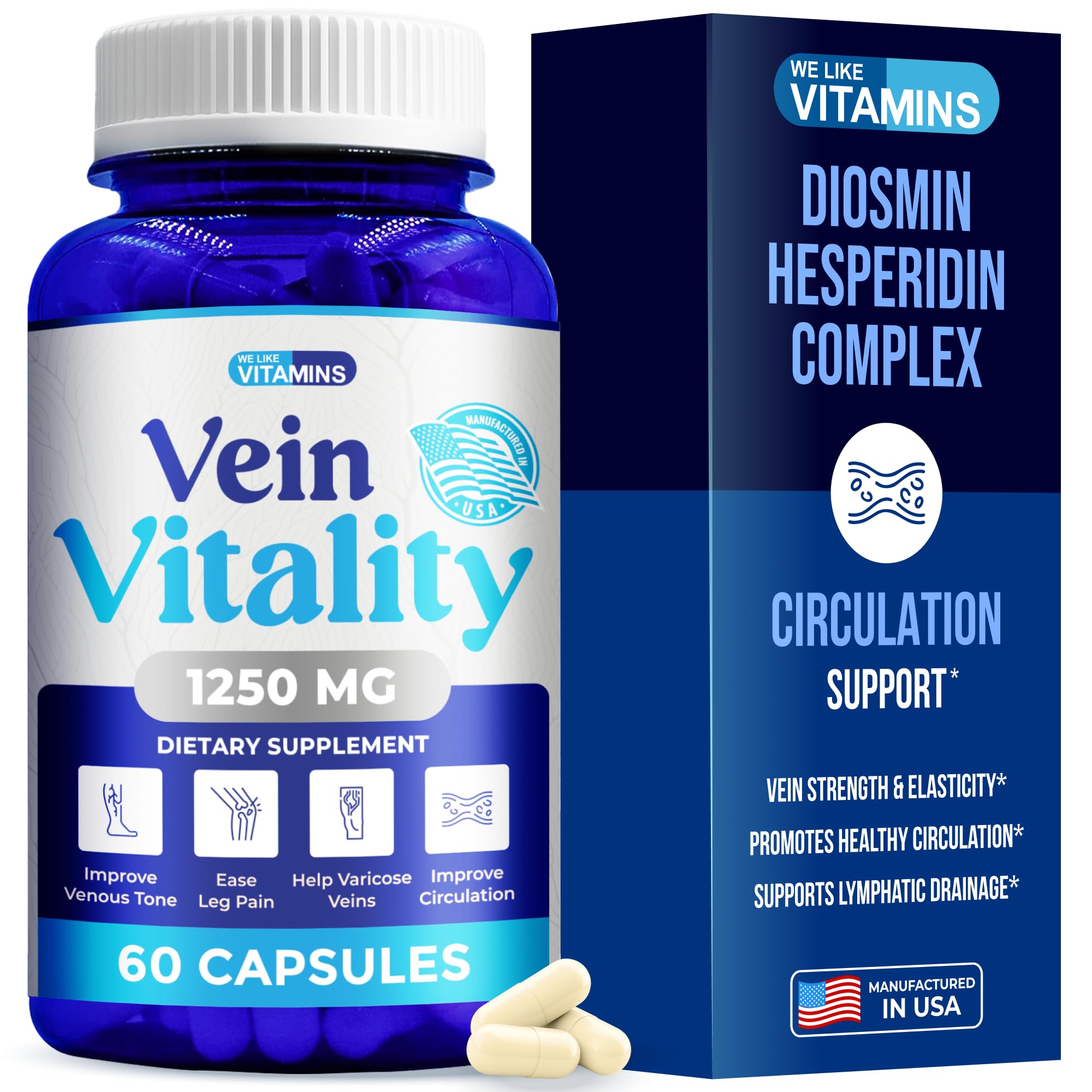 We Like Vitamins botella frontal mostrando etiqueta y beneficio circulatorio