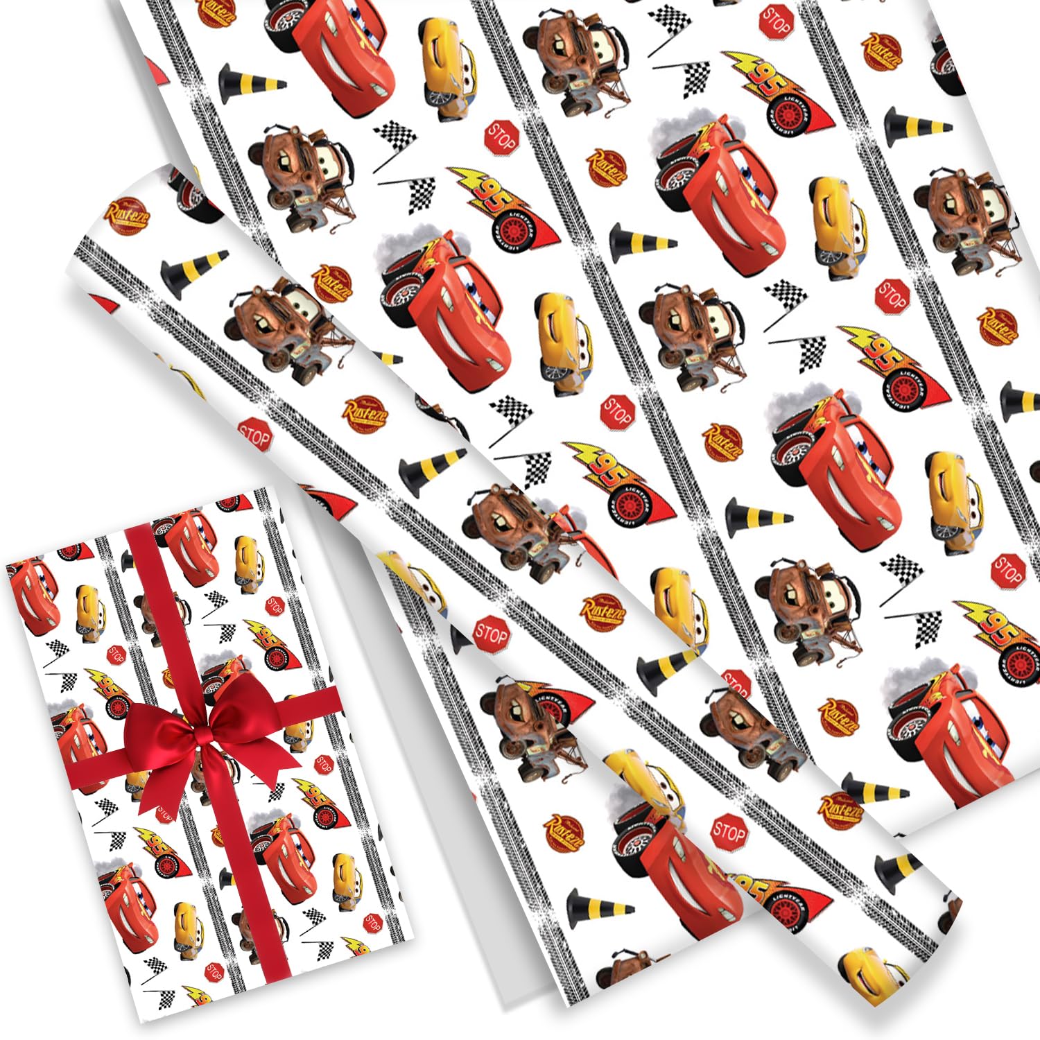 We1Fit vista frontal del papel de regalo McQueen, añade diversión al regalo
