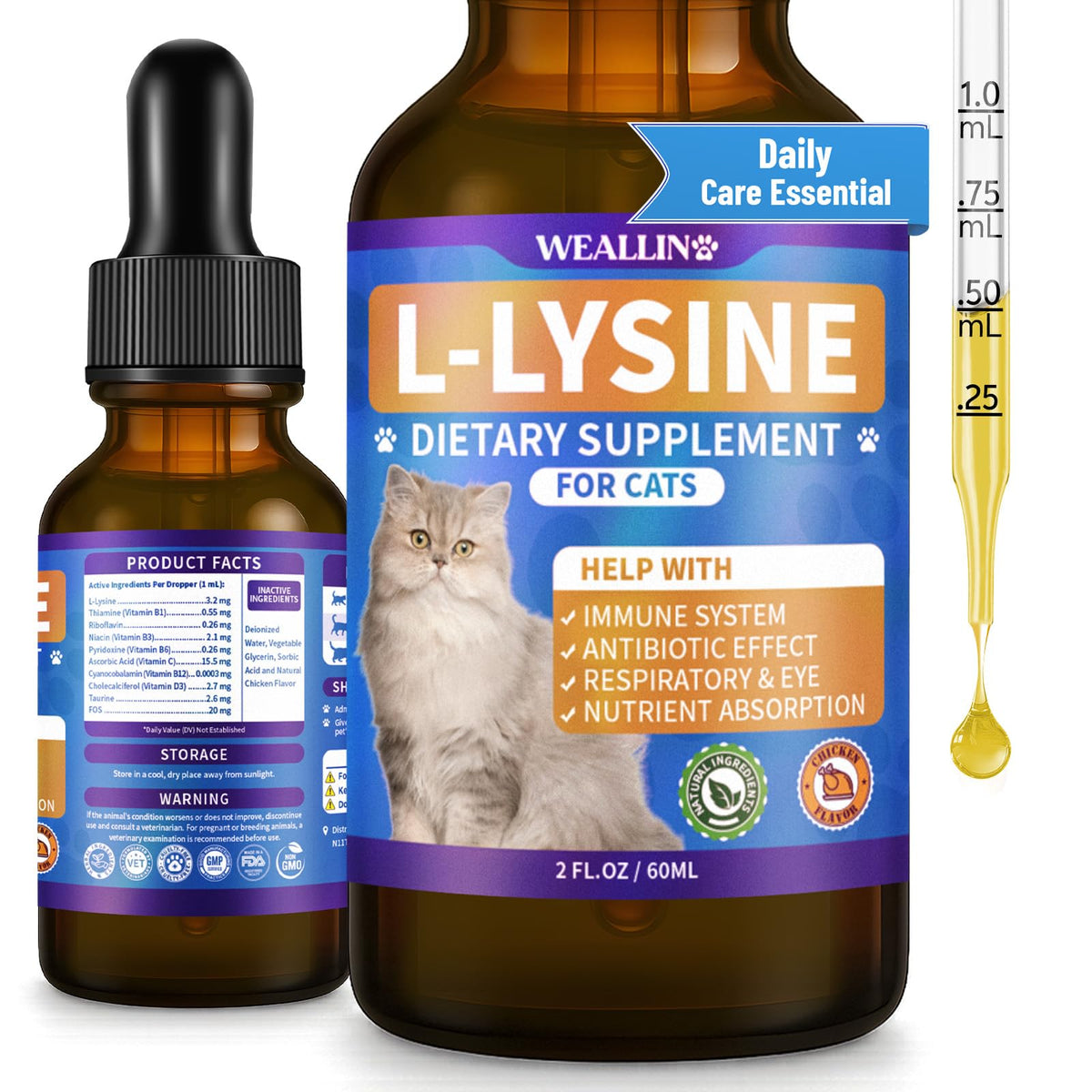WEALLIN envase frontal L-lysine sabor pollo mostrando presentación y beneficio inmune