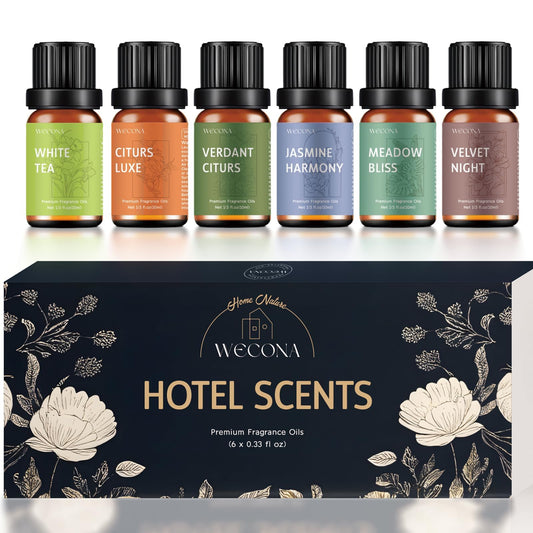 WECONA set frontal con seis botellas ámbar mostrando presentación premium
