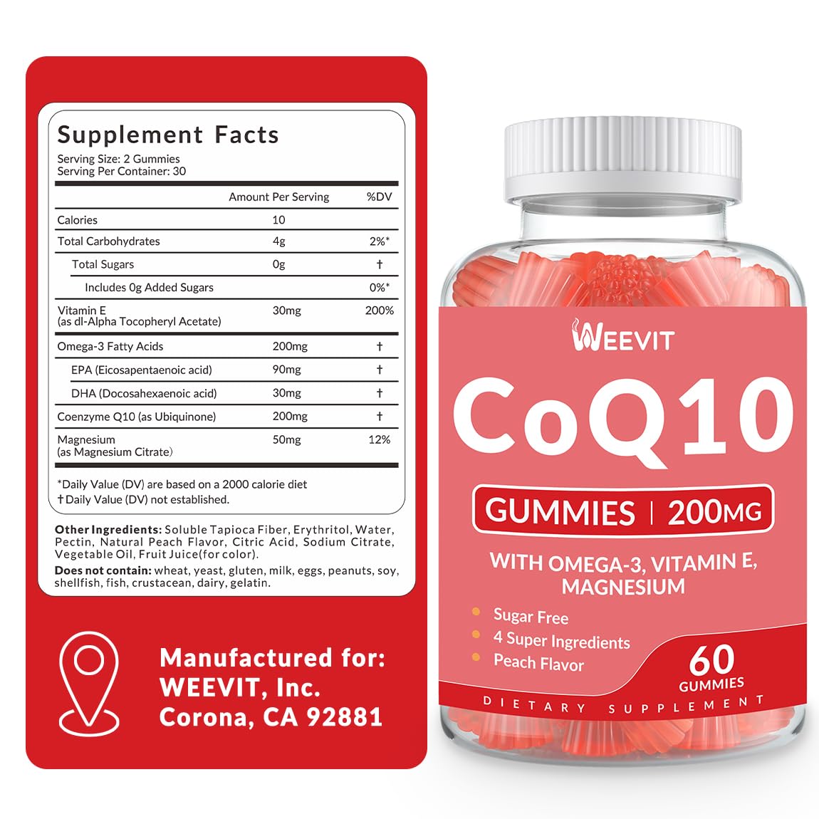 WEEVIT gominolas apiladas destacando textura masticable y sabor durazno