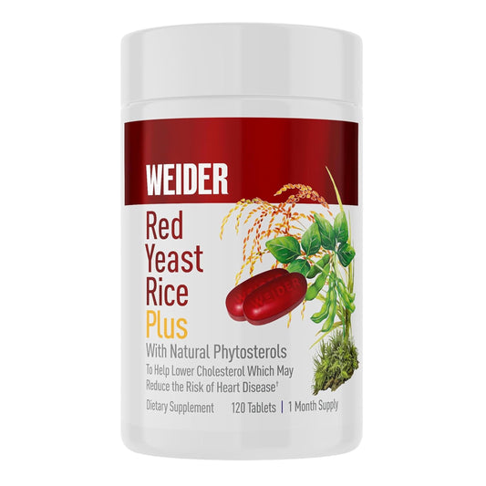 Weider frasco frontal mostrando Red Yeast Rice Plus y beneficios cardíacos