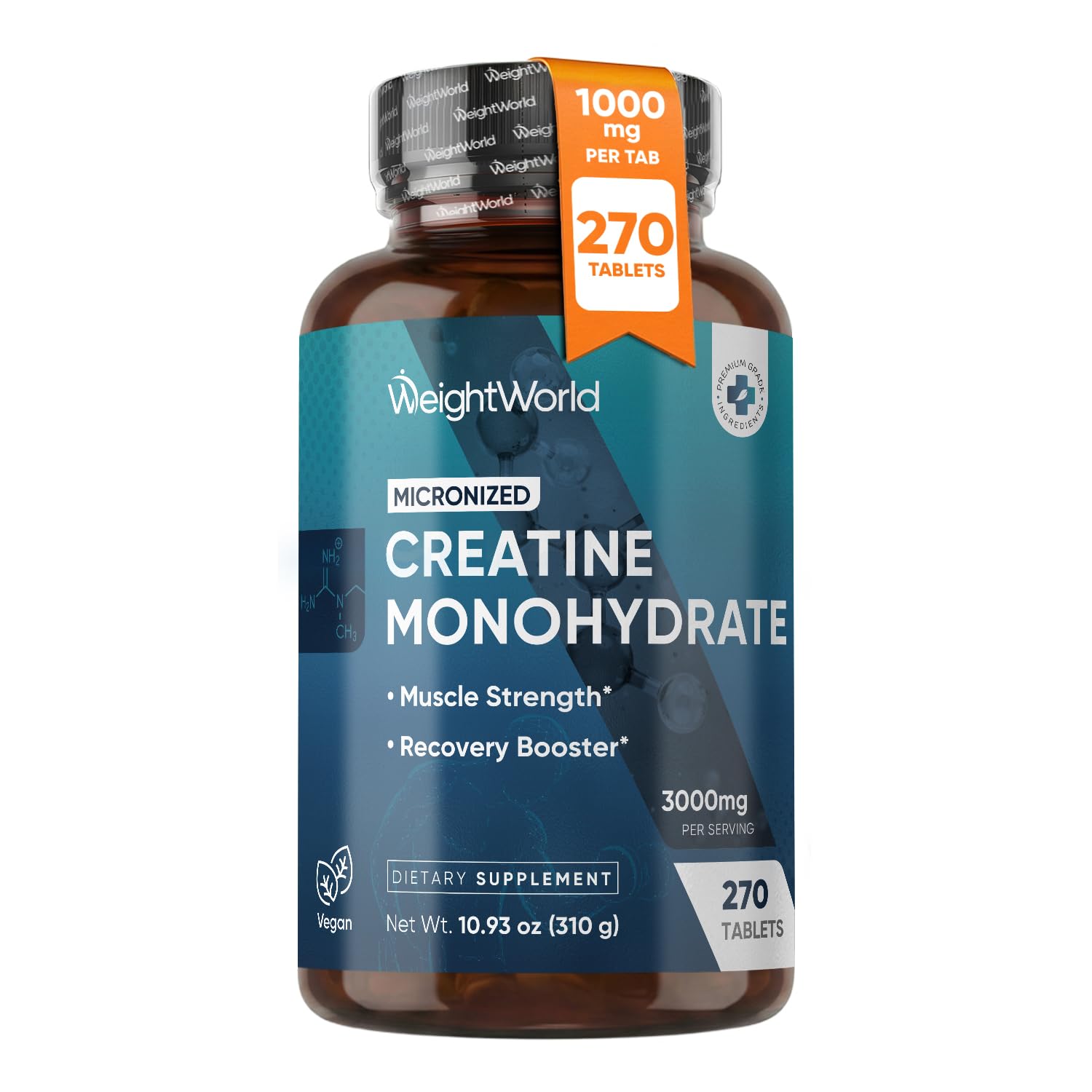 WeightWorld frasco frontal mostrando 270 tabletas y etiqueta clara, fácil identificación