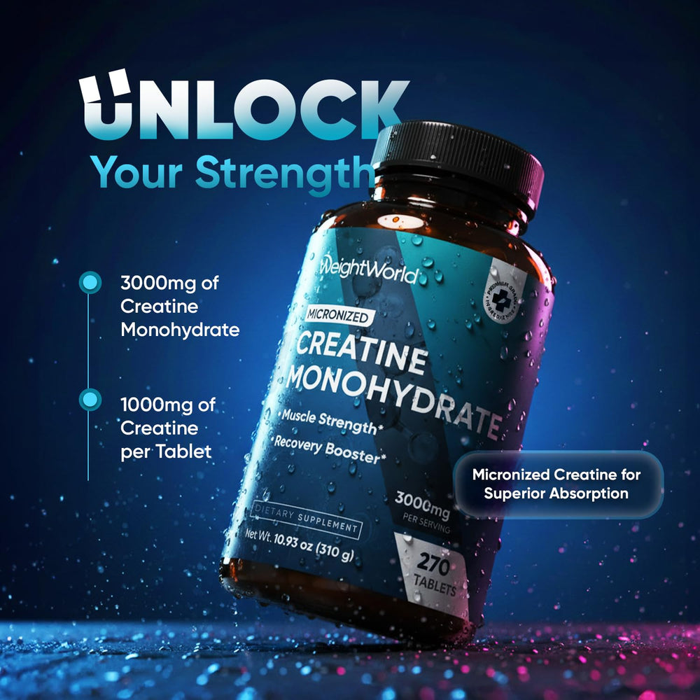 WeightWorld primer plano de tableta micronizada, detalle de textura para mejor absorción
