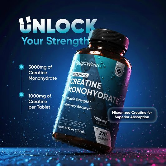 WeightWorld primer plano de tableta micronizada, detalle de textura para mejor absorción