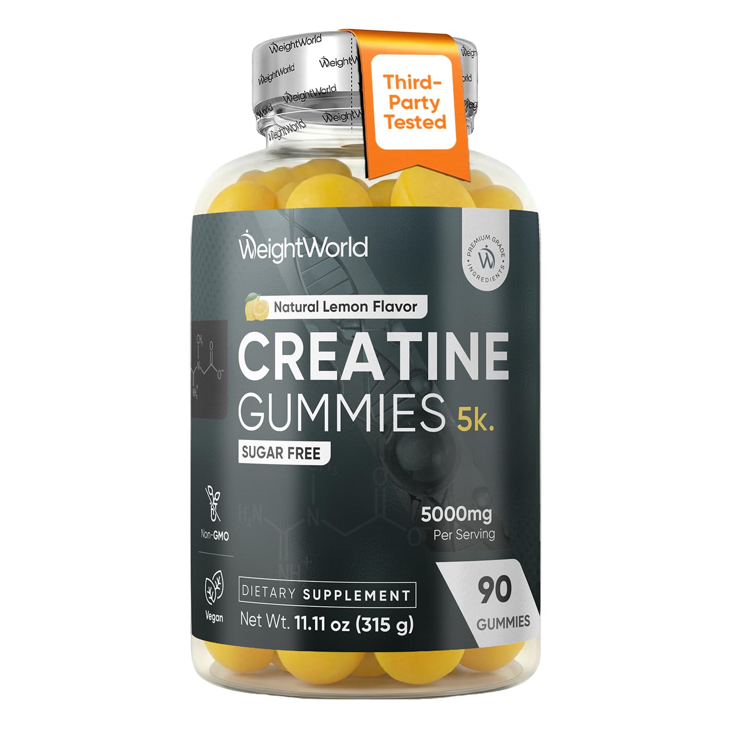 WeightWorld envase frontal de creatina gum con dosificación clara y conveniencia