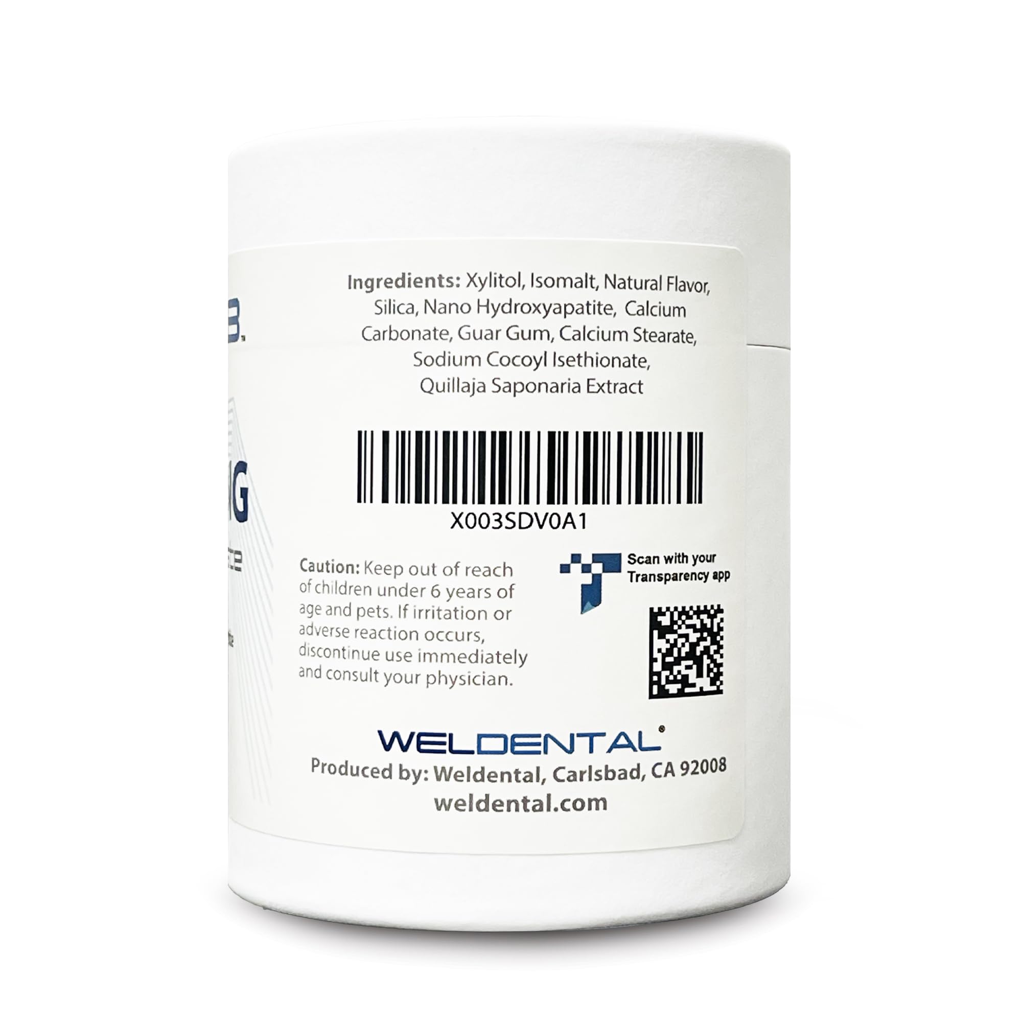WELdental detalle de tableta y textura, muestra nano-hidroxiapatita