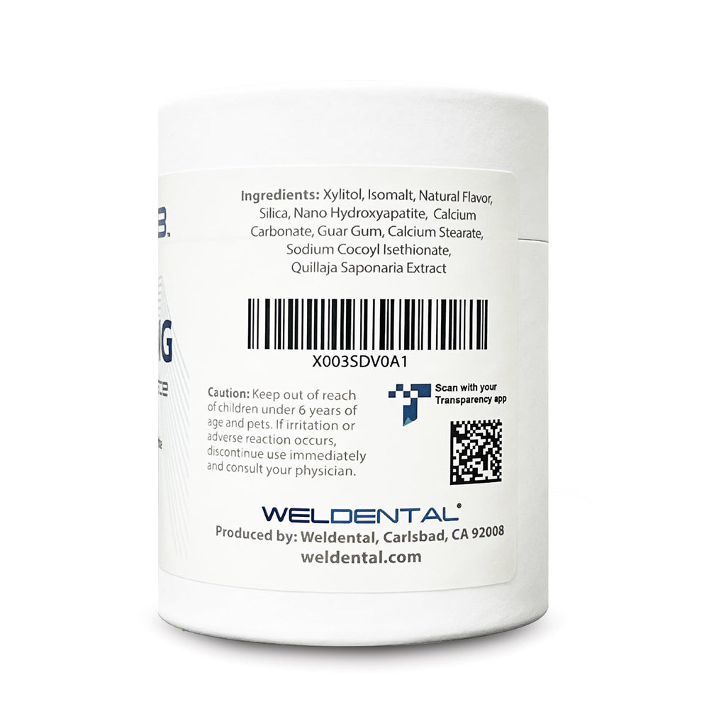 WELdental detalle de tableta y textura, muestra nano-hidroxiapatita