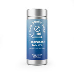 WELdental frasco de aluminio fronta que muestra 120 tabletas y ahorro sostenible