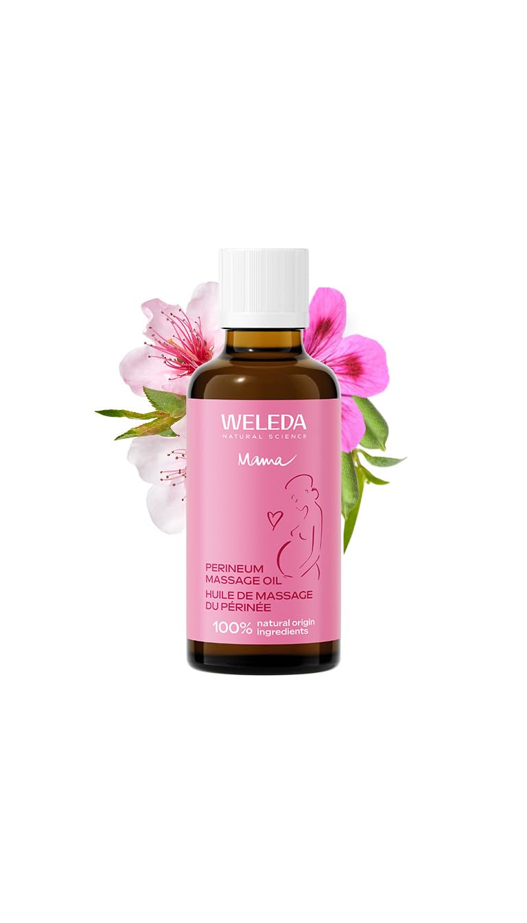 Weleda aceite perineal textura en mano, muestra hidratación y suavidad
