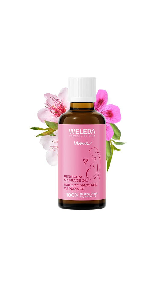 Weleda aceite perineal textura en mano, muestra hidratación y suavidad