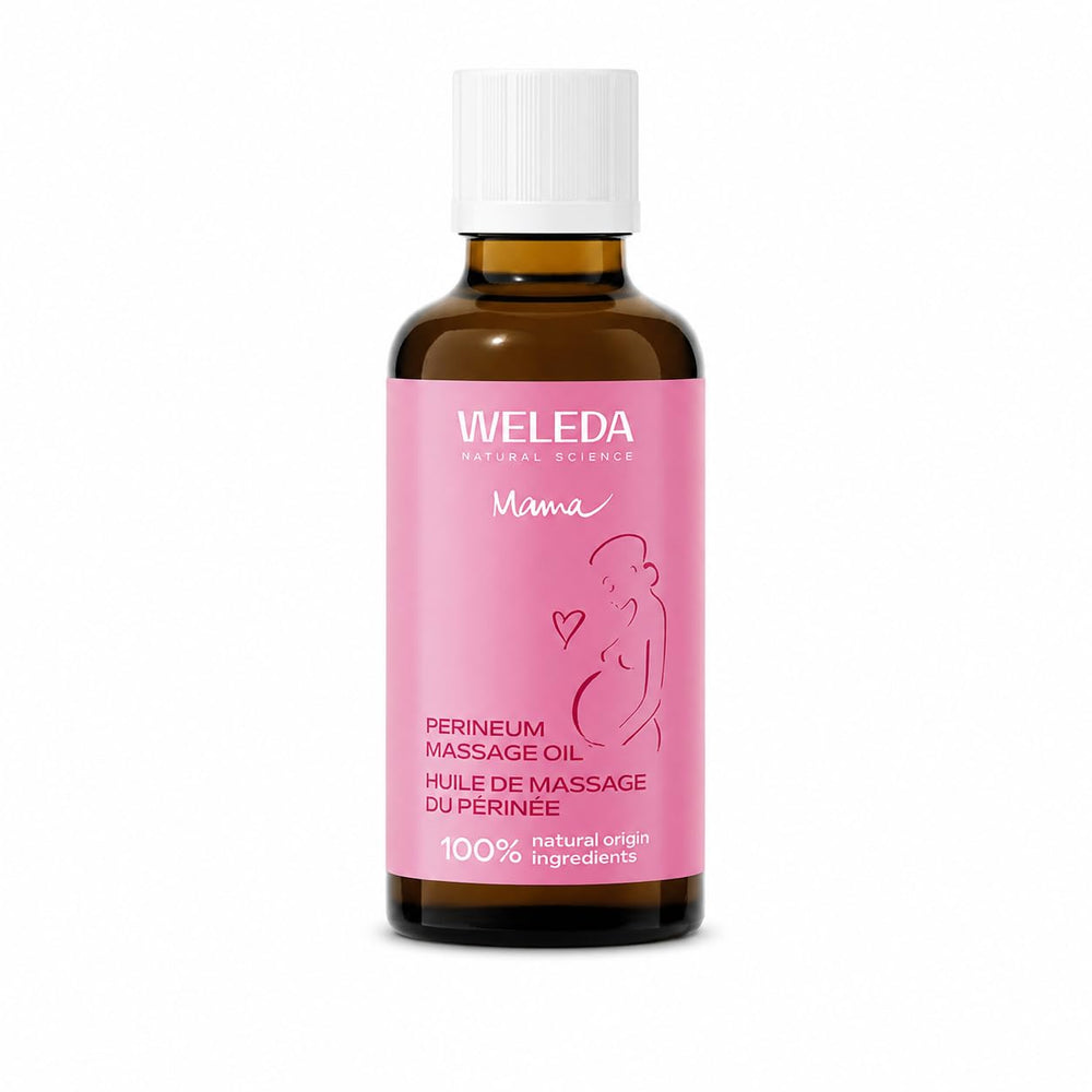 Weleda aceite perineal frontal del envase, presenta beneficio de confianza