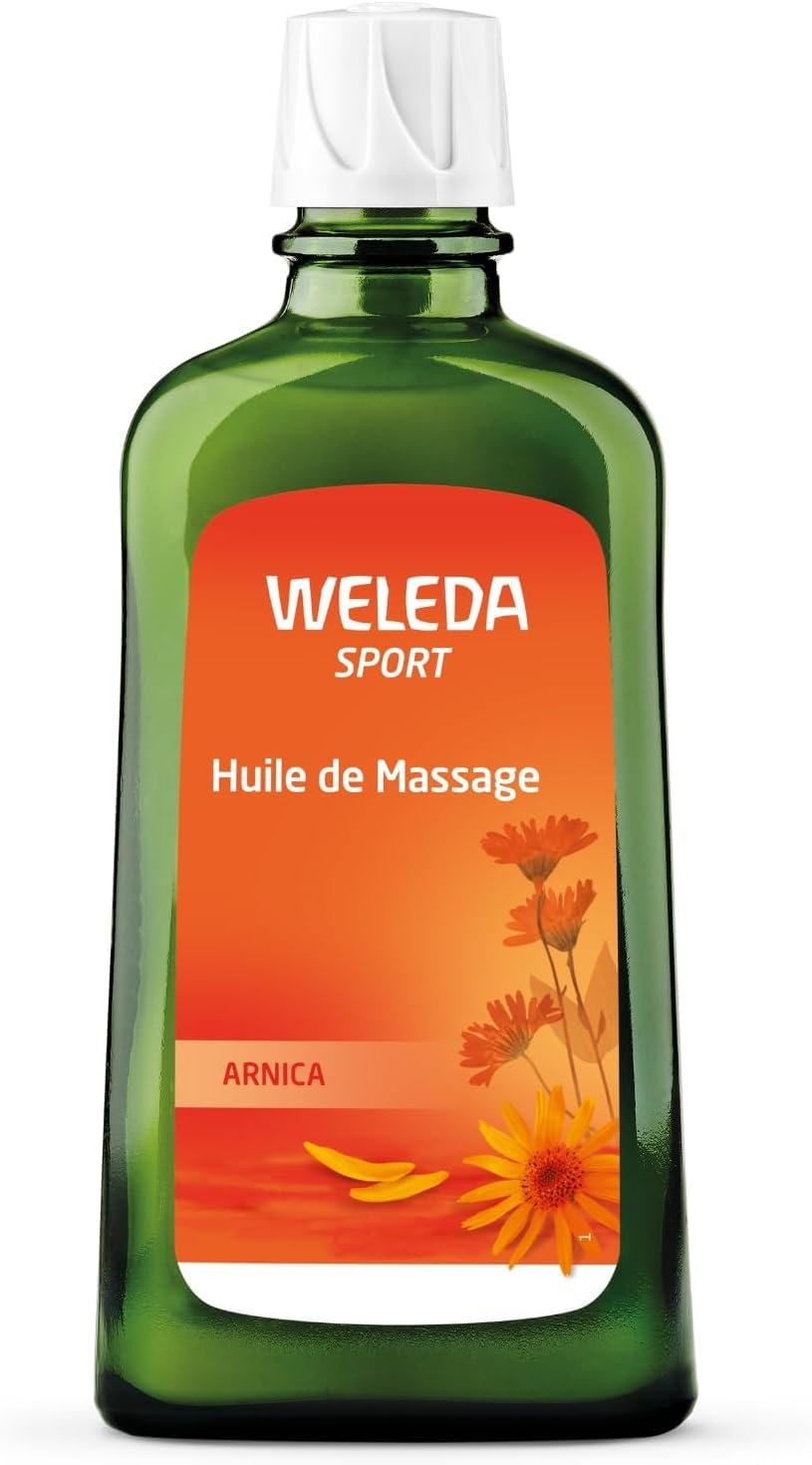 Weleda aceite de árnica 200 ml frasco frontal, facilita masaje y deslizamiento