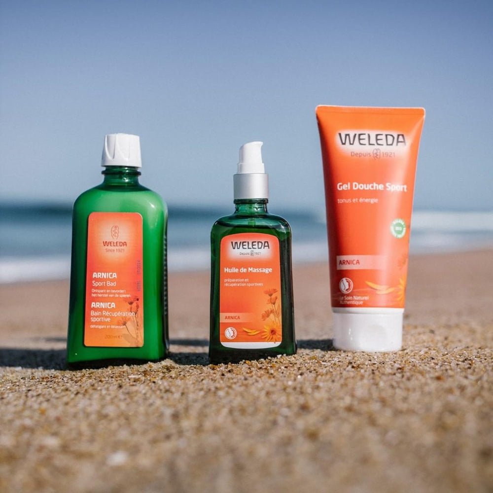 Weleda frasco junto a objeto para comparar tamaño 3.4 Fl Oz, formato práctico para llevar
