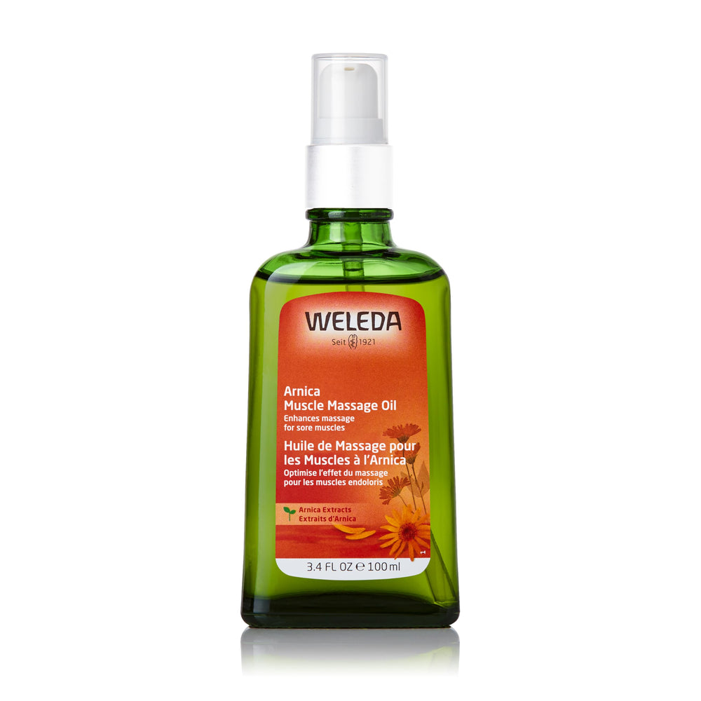 Weleda aceite árnica vista frontal con etiqueta clara y uso práctico
