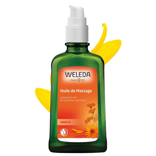 Weleda frasco frontal de Arnica Massage Oil mostrando tamaño y diseño, ideal para transporte