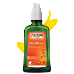 Weleda frasco frontal de Arnica Massage Oil mostrando tamaño y diseño, ideal para transporte