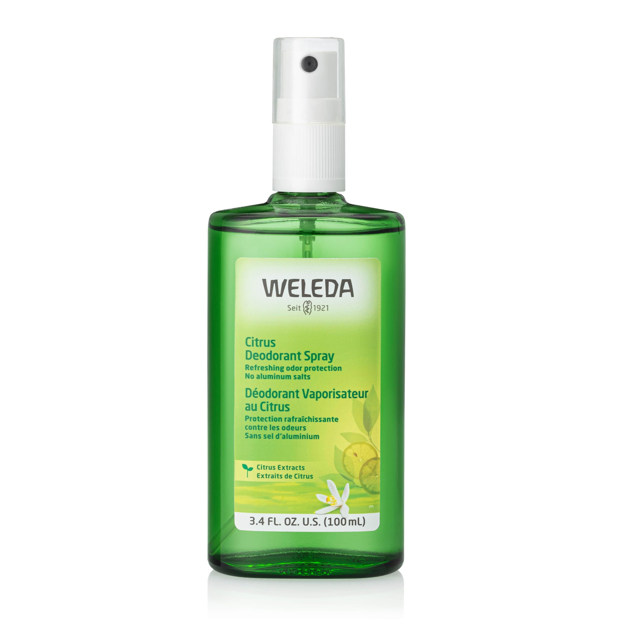 Weleda botella de vidrio frontal mostrando diseño y frescura