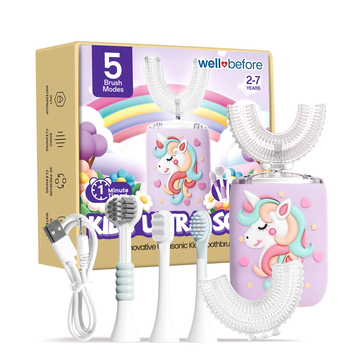 Well Before frente del empaque unicornio mostrando beneficios para motivar cepillado