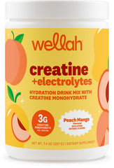 Wellah frente del empaque mostrando sabor Peach Mango y beneficios