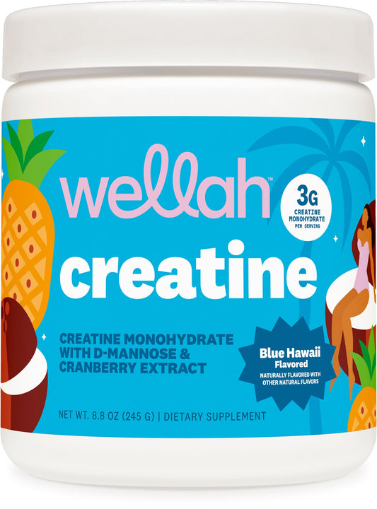 Envase Wellah Creatine Blue Hawaii mostrando etiqueta y 50 servicios, claridad de producto