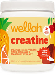 Wellah creatine bote frontal mostrando etiqueta y 50 servicios, conveniencia visible
