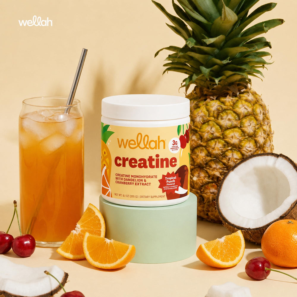Wellah creatine servido en vaso con hielo, bebida refrescante y fácil de tomar
