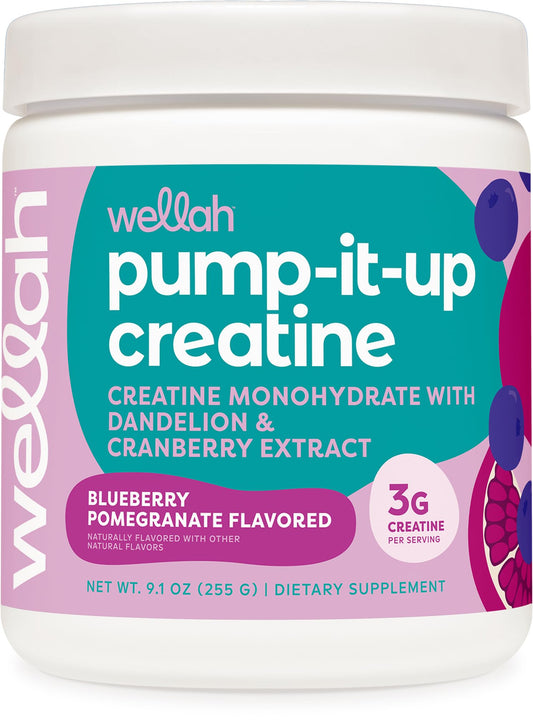 Wellah Creatine for Women Blueberry Pomegranate bottle highlights flavor variety for tasty workouts.