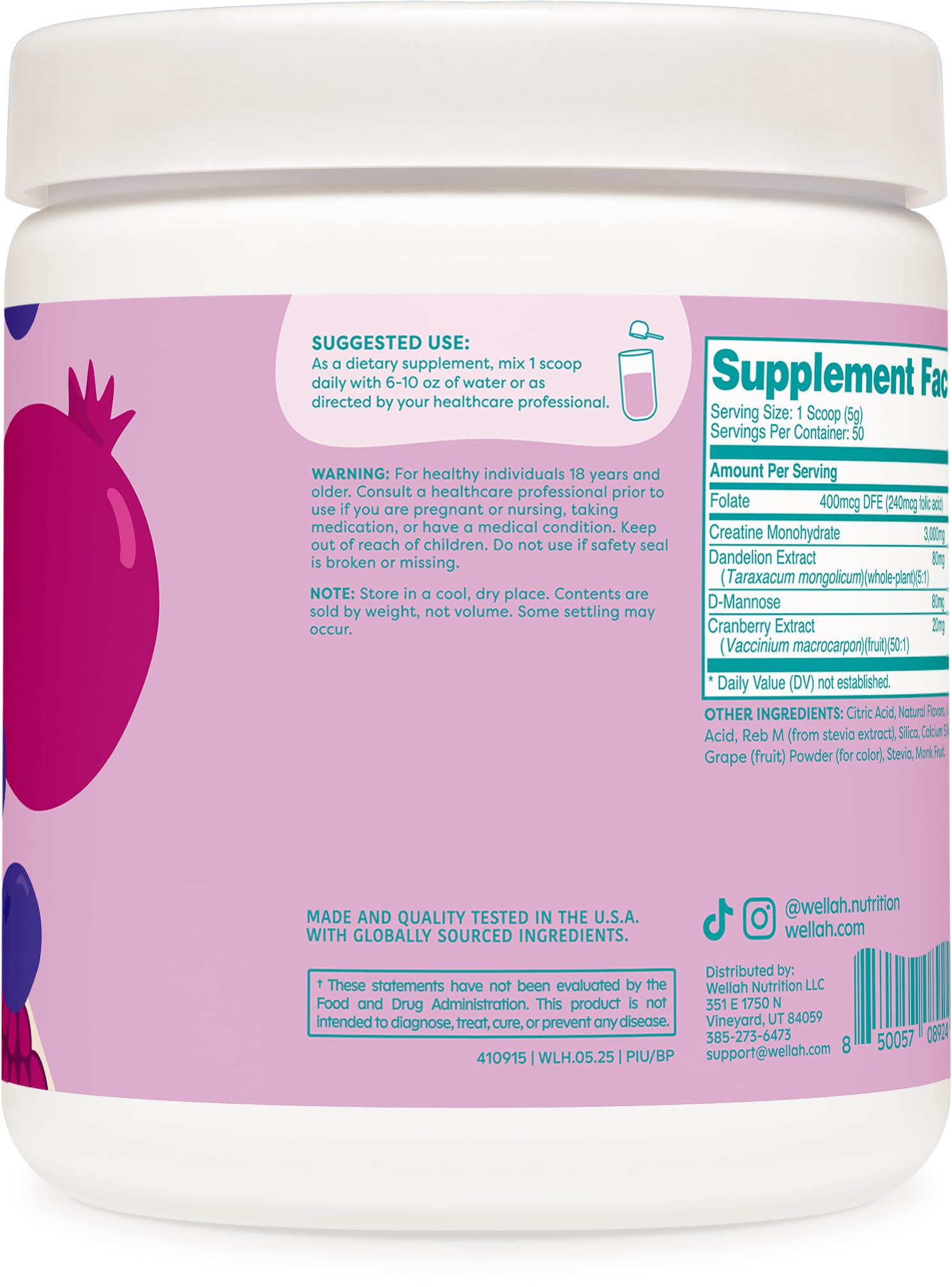 Wellah Creatine for Women Unflavored bottle offers versatile mix for any workout routine.