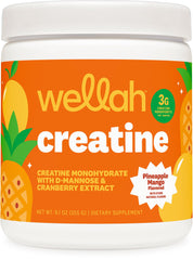Wellah Creatine frontal del envase mostrando sabor piña mango y facilidad