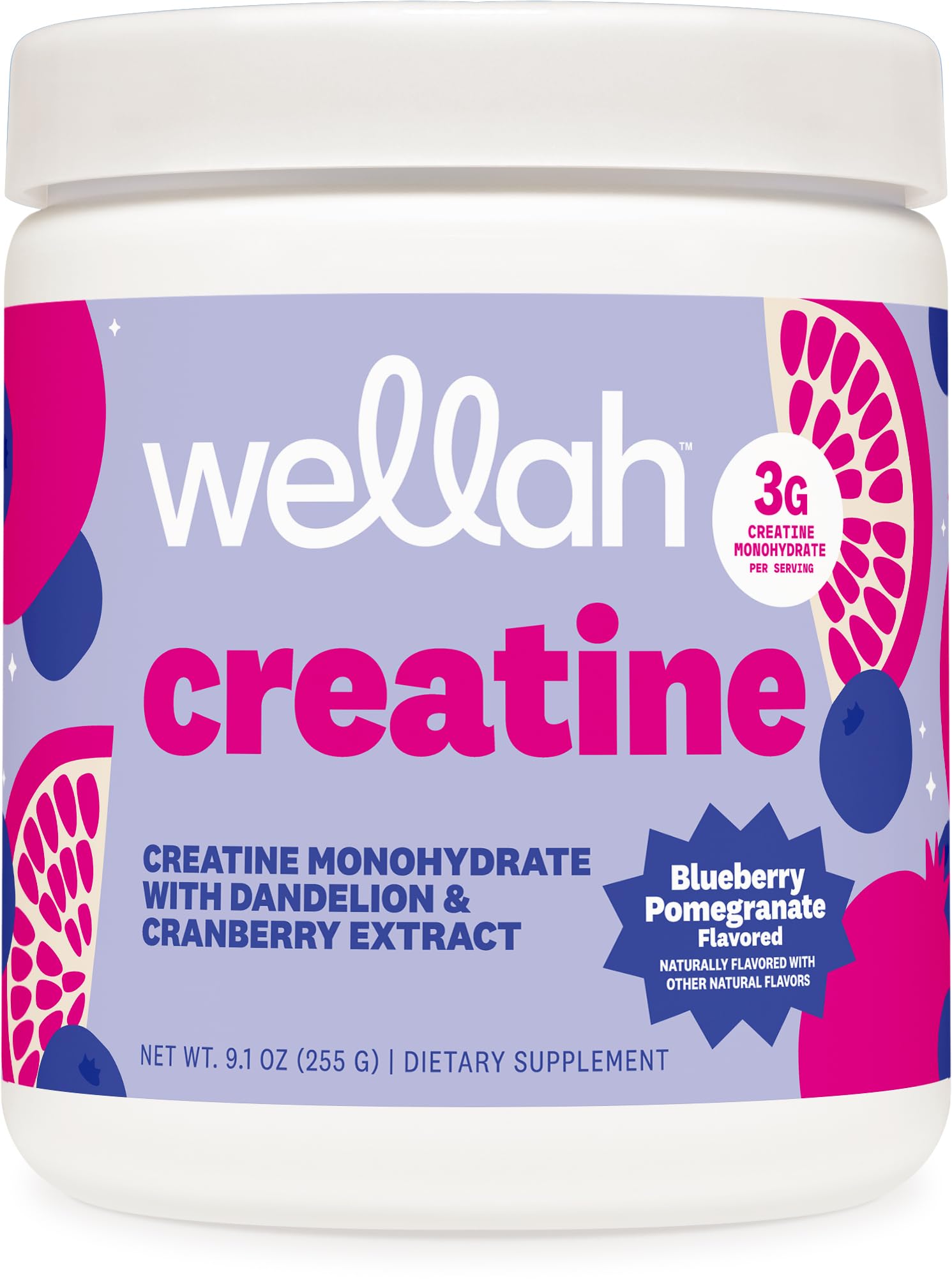 Wellah creatine frontal del envase mostrando 50 servicios y beneficio de conveniencia