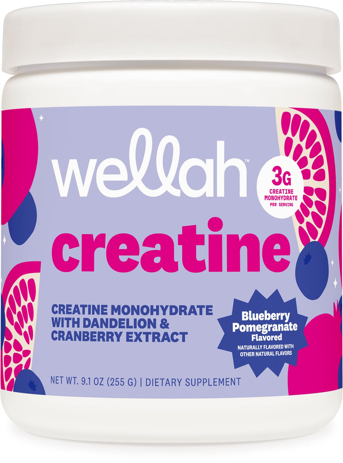 Wellah creatine frontal del envase mostrando 50 servicios y beneficio de conveniencia