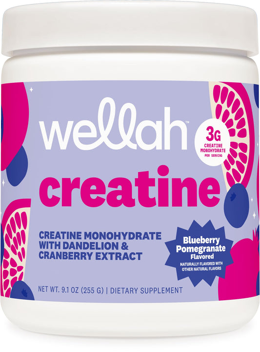 Wellah creatine frontal del envase mostrando 50 servicios y beneficio de conveniencia